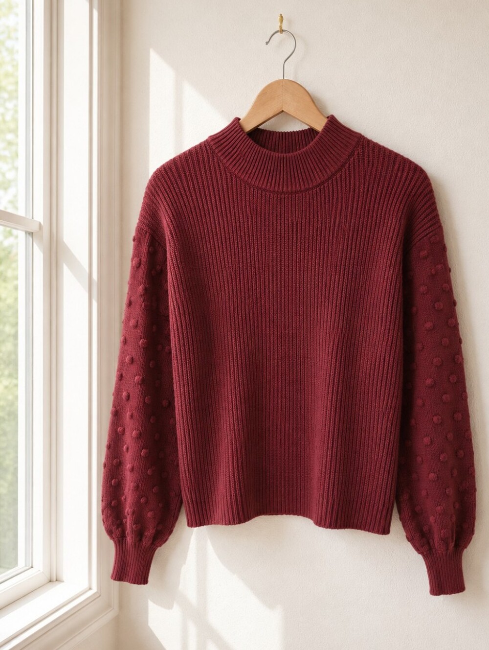 CeCe Burgundy Bobble Sleeve Mock Neck Rib Knit Sweater Size M Cozy Cottagecore